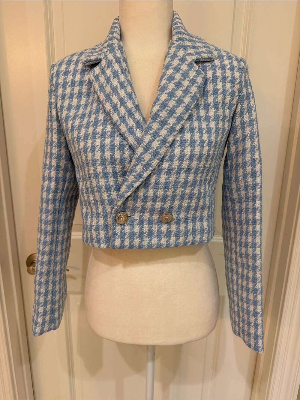 Cropped Houndstooth Jacket Double-Breasted Collegiate Light Blue & White